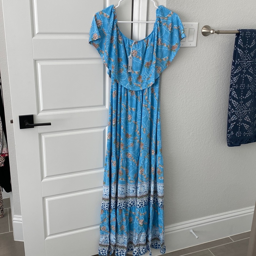 Gorgeous off shoulder light blue and pink dress